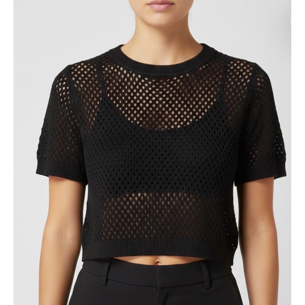 H&M Divided Black‎ Open Knit Crochet Crop Top Sweater Short Sleeve Medium